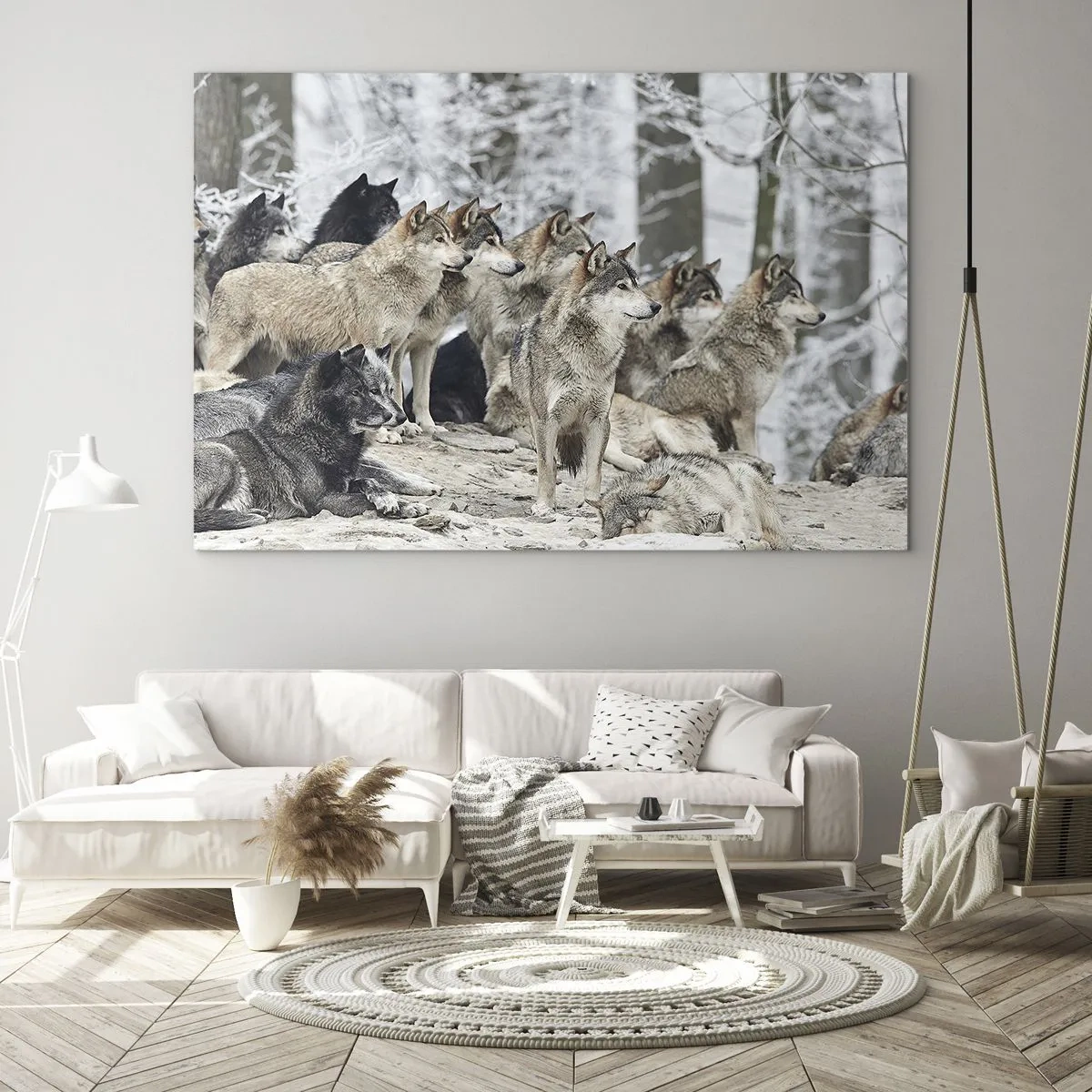 Quadro em vidro - Uma matilha de lobos na floresta de inverno - 70x50cm - Família e amigos - Decoração de parede moderna para a sala de estar e quarto ARTTOR