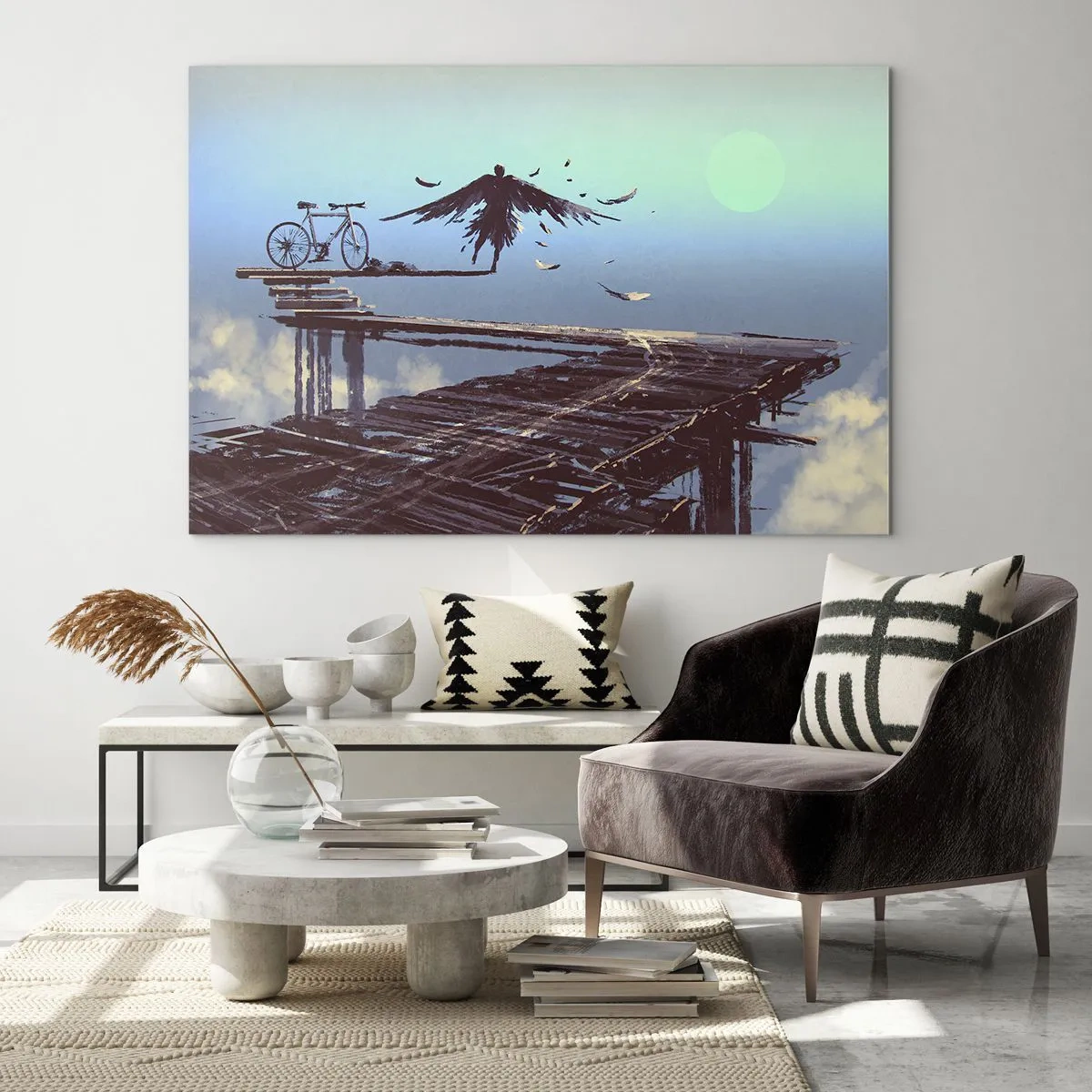 Quadro em vidro - Uma figura com uma bicicleta em uma ponte de madeira acima das nuvens - 70x50cm - Ícaro eternamente vivo - Decoração de parede moderna para a sala de estar e quarto ARTTOR