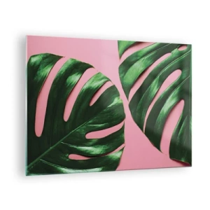 Quadro em vidro - Folhas verdes de monstera em um fundo rosa - 70x50cm - Encontro verde - Decoração de parede moderna para a sala de estar e quarto ARTTOR
