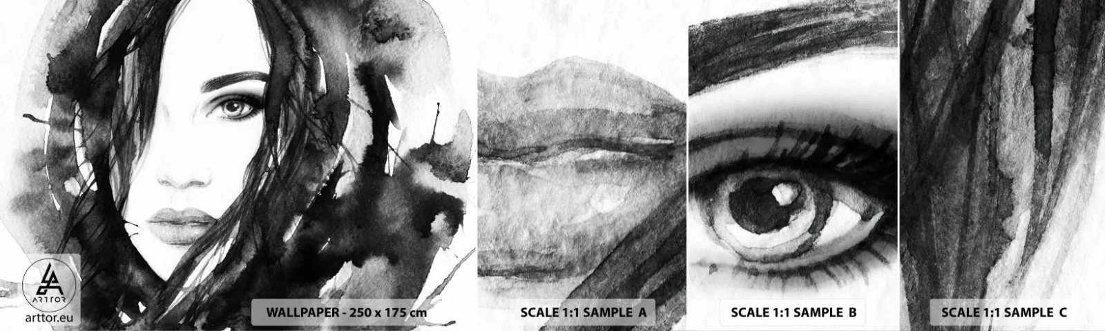 Amostra de Papel de Parede Standard Eco - Retrato de uma dama a preto e branco - Abstração, Rosto de mulher, Retrato - 100x30 cm