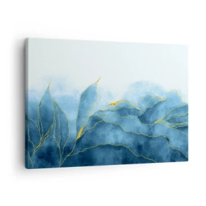 Quadro em tela - Ondas abstratas em tons de azul com detalhes dourados - 70x50cm - Azul dourado - Decoração de parede moderna para a sala de estar e quarto ARTTOR