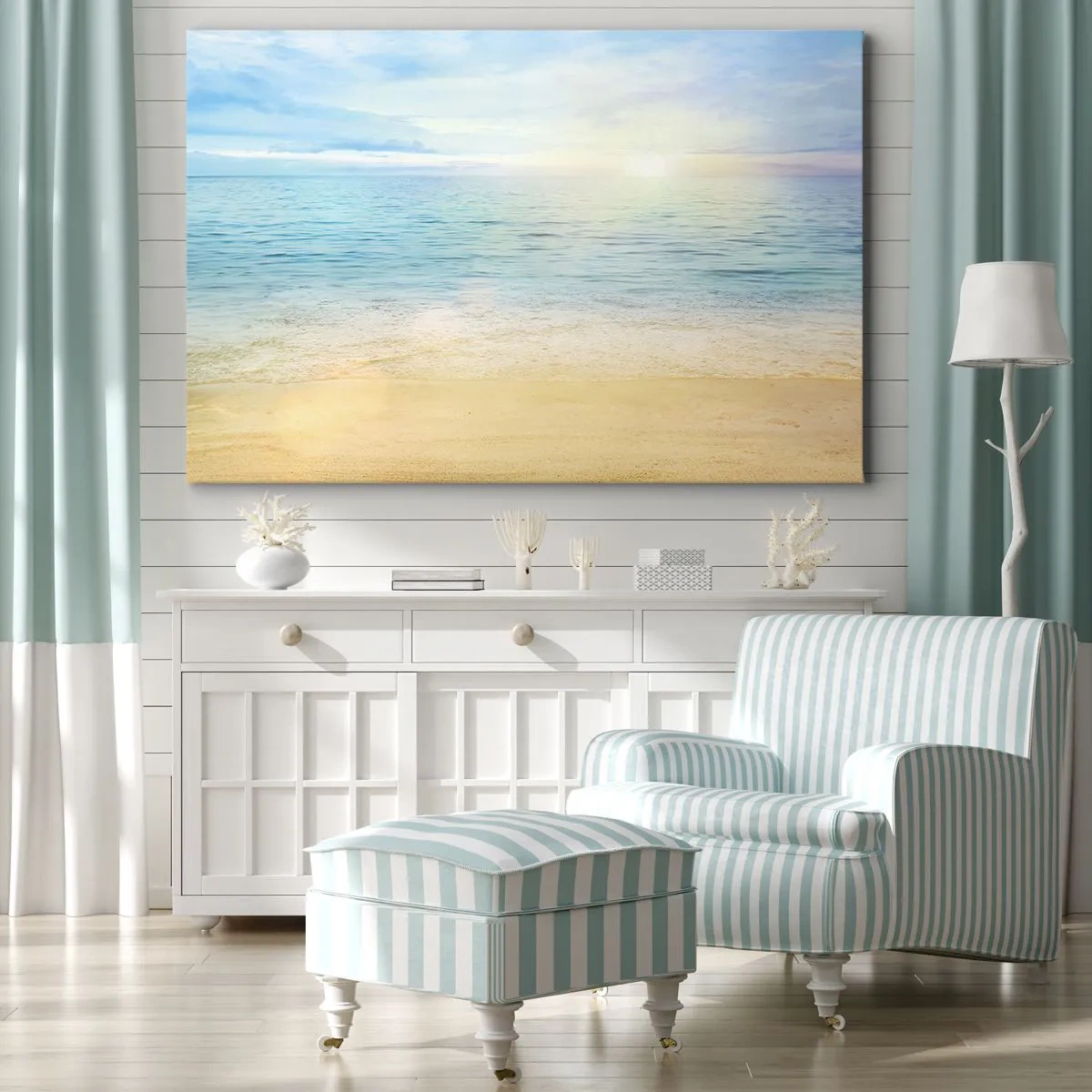 Quadro em tela - Uma praia com mar turquesa e céu limpo - 70x50cm - Grande azul - Decoração de parede moderna para a sala de estar e quarto ARTTOR