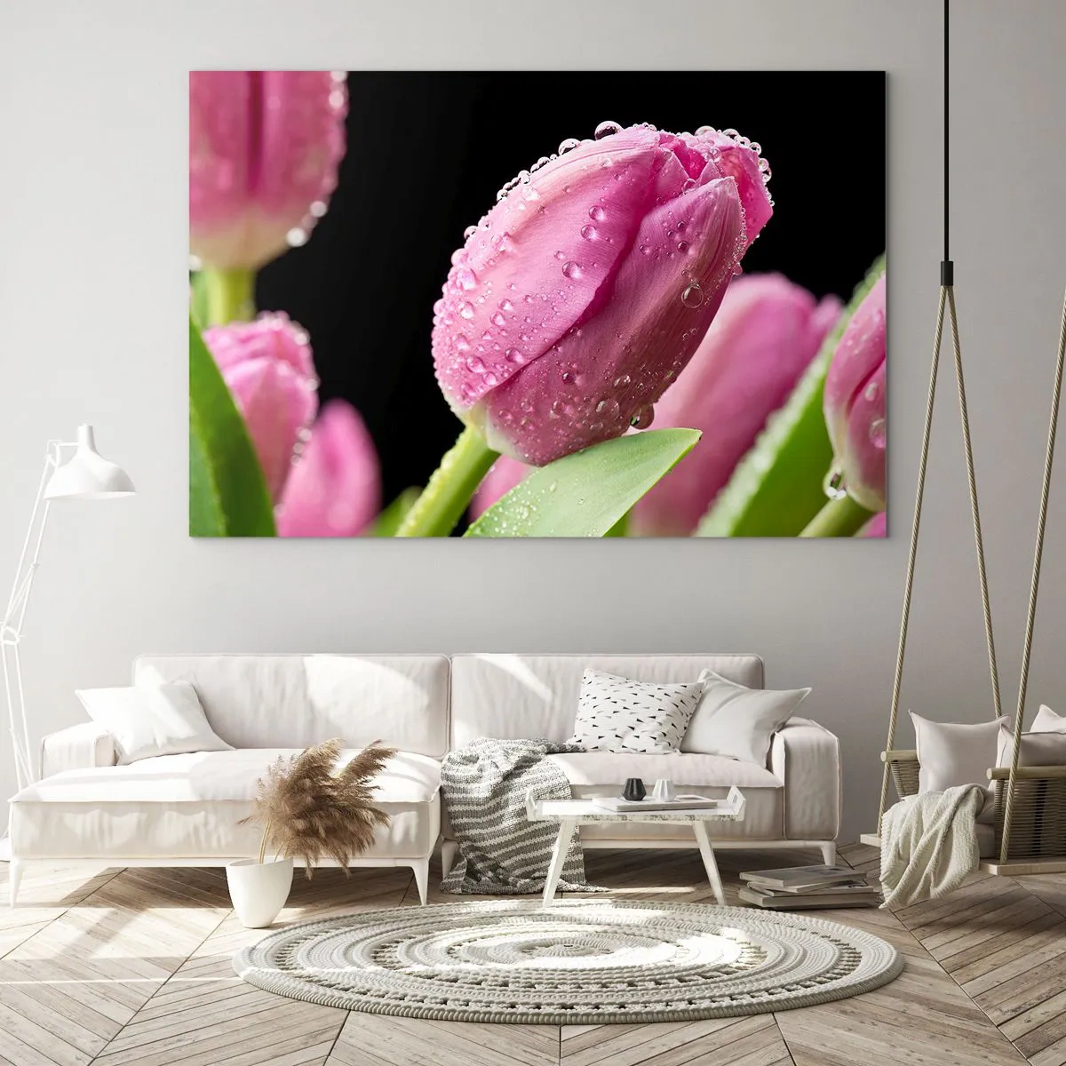 Quadro em vidro - Tulipas cor de rosa cobertas com gotas de orvalho em um fundo preto - 70x50cm - Sonho lilás em orvalho - Decoração de parede moderna para a sala de estar e quarto ARTTOR