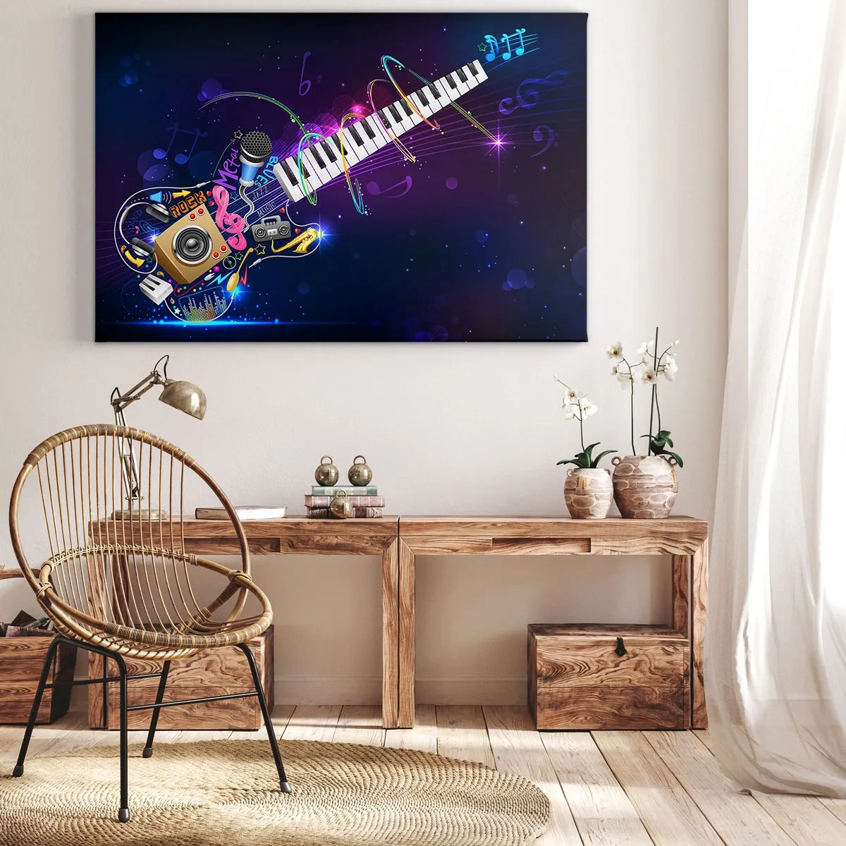Quadro em tela - Uma guitarra colorida com um teclado e um microfone em um fundo escuro. - 70x50cm - E está tudo bem - Decoração de parede moderna para a sala de estar e quarto ARTTOR
