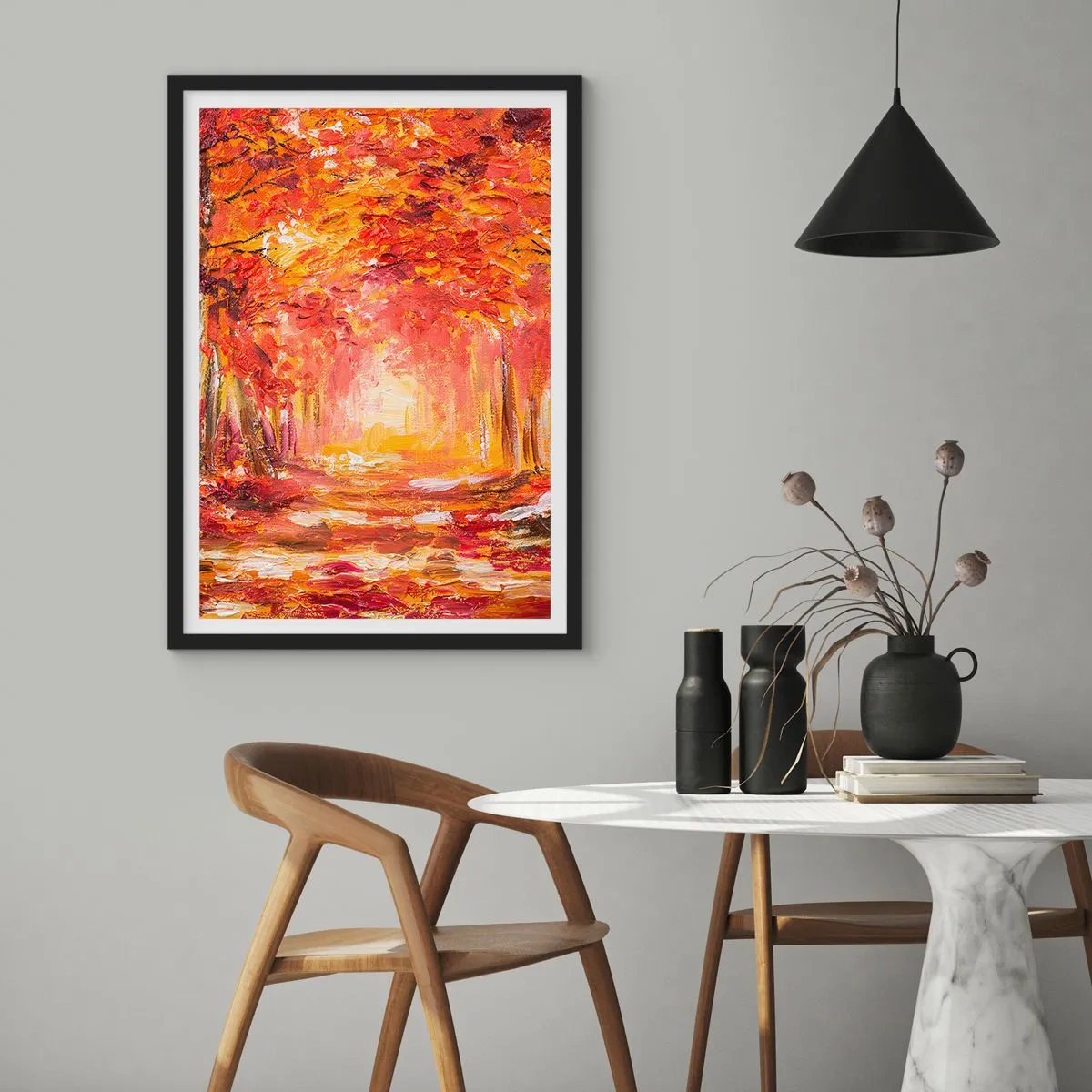 Pôster com moldura preta - Uma avenida pitoresca em cores de outono - 50x70cm - Floresta de cobre - Decoração de parede moderna para a sala de estar e quarto ARTTOR