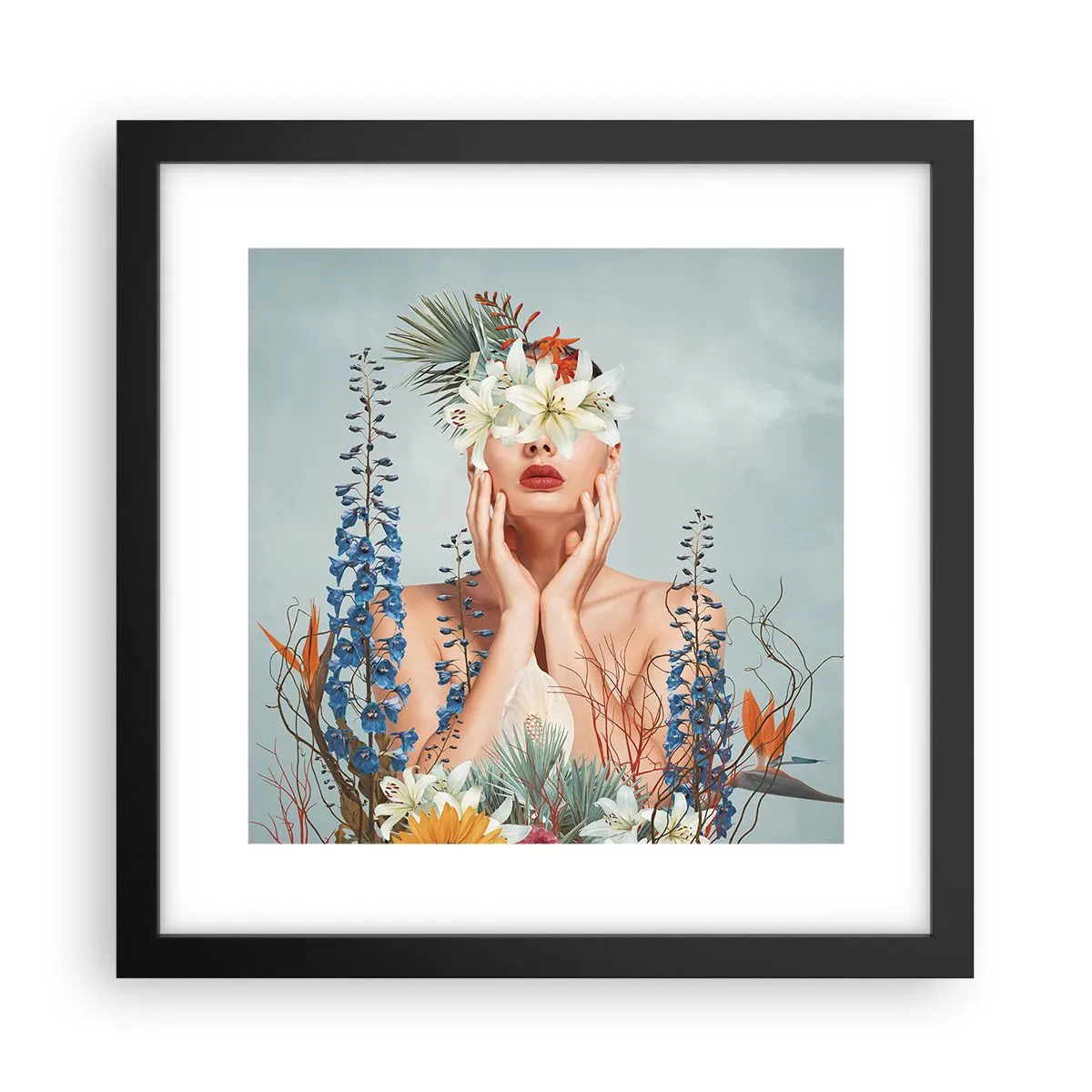 Pôster com moldura preta - Mulher – flor - 30x30 cm