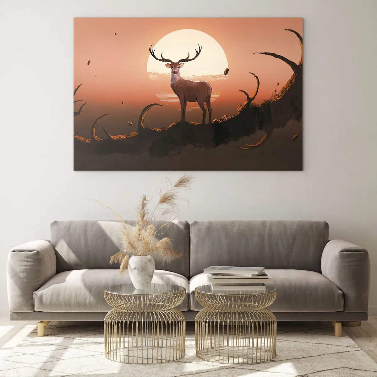 Quadro em vidro - Silhueta de um veado contra o pano de fundo de uma grande lua cercada por galhos - 70x50cm - Esta noite é diferente de qualquer outra - Decoração de parede moderna para a sala de estar e quarto ARTTOR