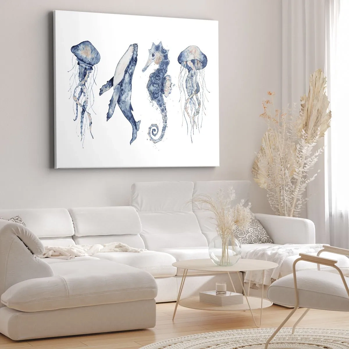 Quadro em tela - Água-viva, baleia e cavalo-marinho em estilo aquarela - 70x50cm - Maravilhas do mar - Decoração de parede moderna para a sala de estar e quarto ARTTOR