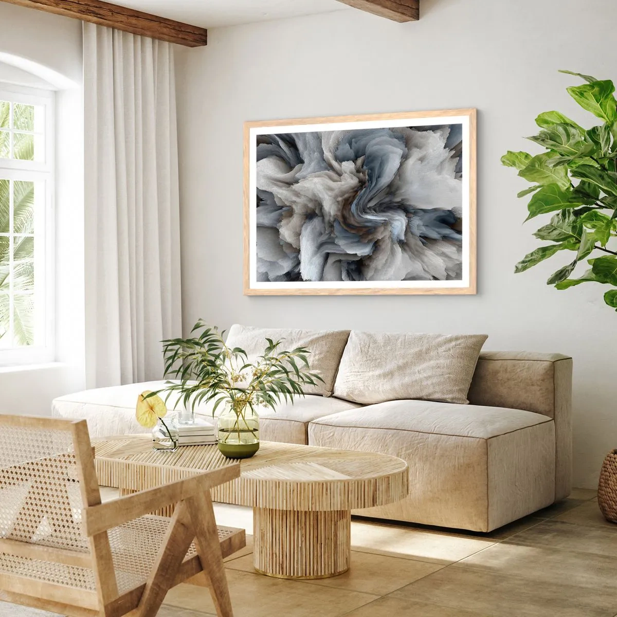 Pôster com moldura de carvalho claro - Pedra e flor - 100x70 cm