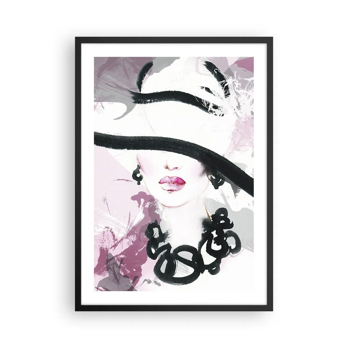 Pôster com moldura preta - Uma ilustração elegante do rosto de uma mulher em tons de rosa e preto. - 50x70cm - Retrato de uma dama a preto e rosa - Decoração de parede moderna para a sala de estar e quarto ARTTOR