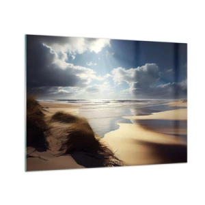 Quadro em vidro - Uma praia selvagem iluminada pelos raios de sol sob as nuvens - 70x50cm - Praia, praia selvagem - Decoração de parede moderna para a sala de estar e quarto ARTTOR