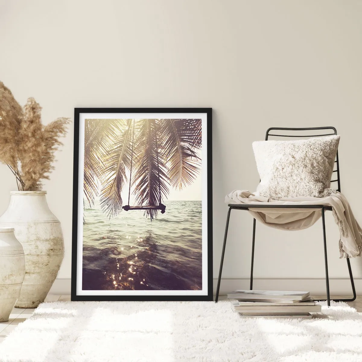 Pôster com moldura preta - Um balanço sob as palmeiras à beira do mar calmo - 50x70cm - Deixe-se levar pela imaginação - Decoração de parede moderna para a sala de estar e quarto ARTTOR