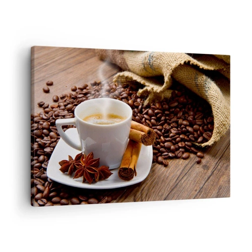 Quadro em tela - Uma xícara de café com canela e anis sobre um fundo de grãos de café - 70x50cm - Sabor e aroma picantes - Decoração de parede moderna para a sala de estar e quarto ARTTOR