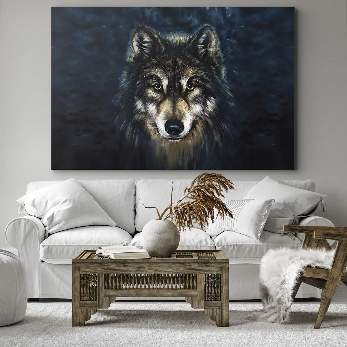 Quadro em tela - Retrato de um lobo em um fundo azul escuro - 70x50cm - Alfa? E ómega - Decoração de parede moderna para a sala de estar e quarto ARTTOR