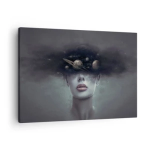 Quadro em tela - Rosto de mulher com um motivo planetário e espacial ao fundo - 70x50cm - E os planetas estão a enlouquecer... - Decoração de parede moderna para a sala de estar e quarto ARTTOR