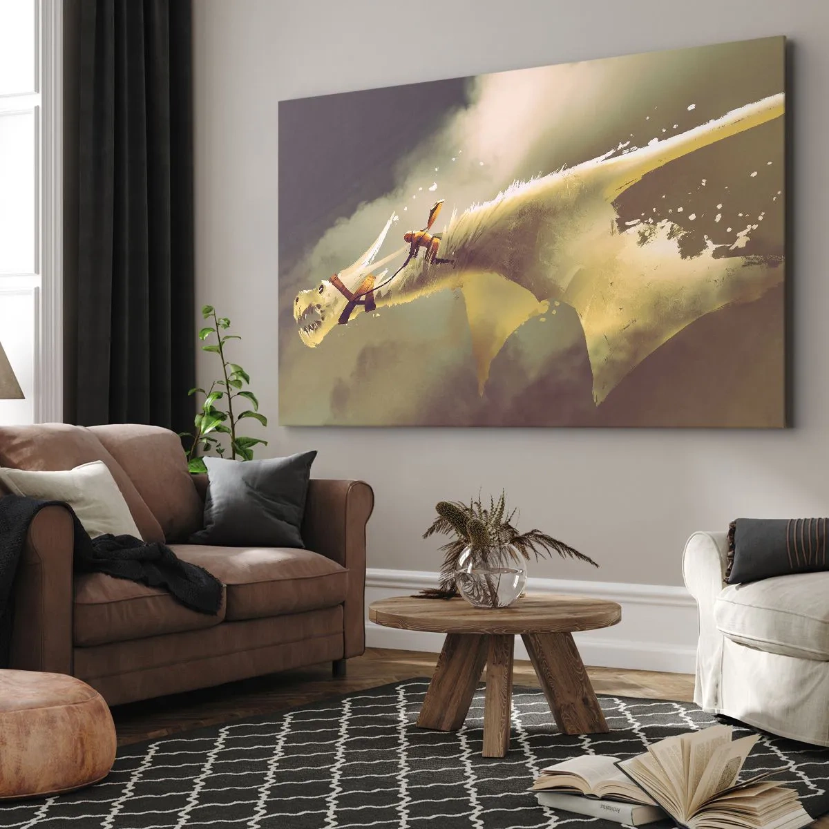 Quadro em tela - Ilustração de um cavaleiro de dragão em uma paisagem de nuvens fantástica - 70x50cm - A resgatar o mundo - Decoração de parede moderna para a sala de estar e quarto ARTTOR