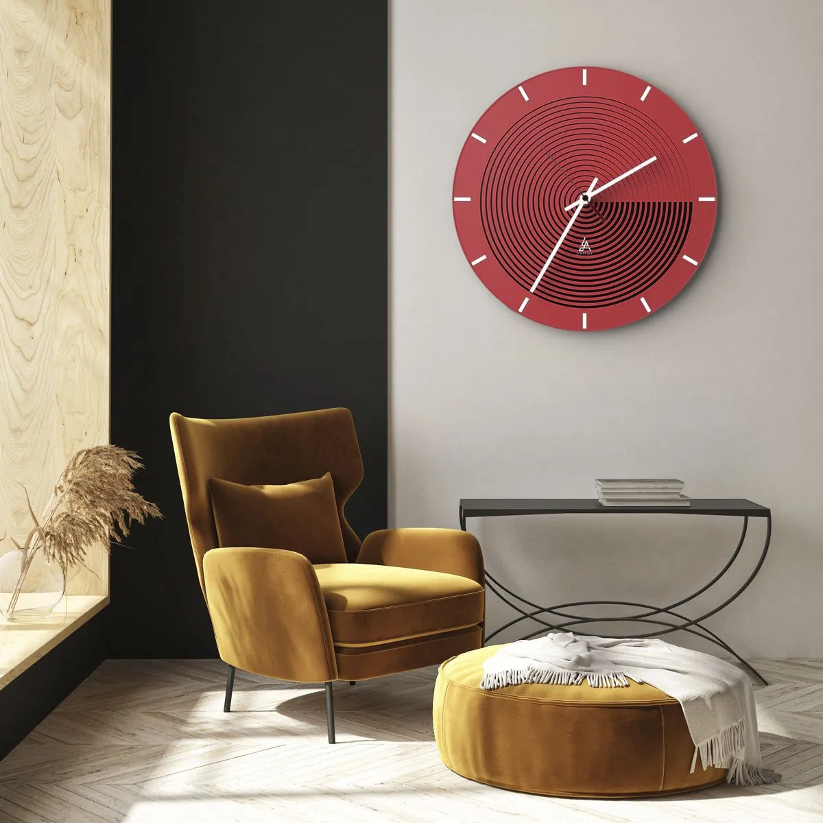Relógio de parede - Relógio em vidro - Fundo vermelho com círculos concêntricos pretos e contraste - 30x30cm - Movimento circular - Decoração de parede moderna para a sala de estar, cozinha e quarto ARTTOR