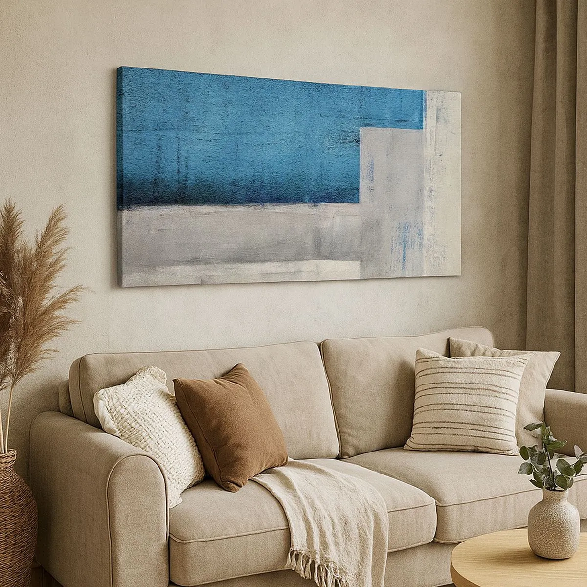 Quadro em tela - Uma composição poética de cinza e azul - 100x40 cm