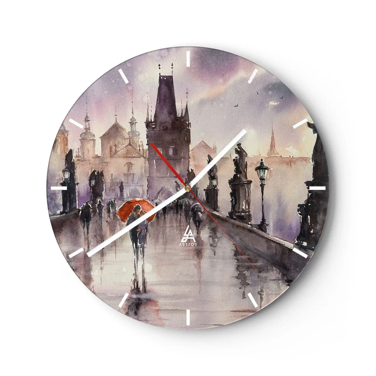 Relógio de parede - Relógio em vidro - Cena romântica em uma ponte na chuva com um guarda-chuva laranja - 30x30cm - Pessoas não mudam - Decoração de parede moderna para a sala de estar, cozinha e quarto ARTTOR