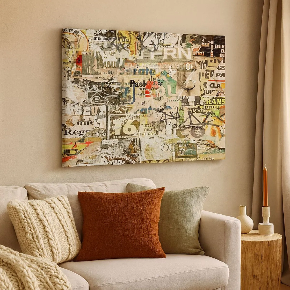 Quadro em tela - Uma colagem de fragmentos de jornais e cartazes em estilo artístico. - 70x50cm - O caos - Decoração de parede moderna para a sala de estar e quarto ARTTOR