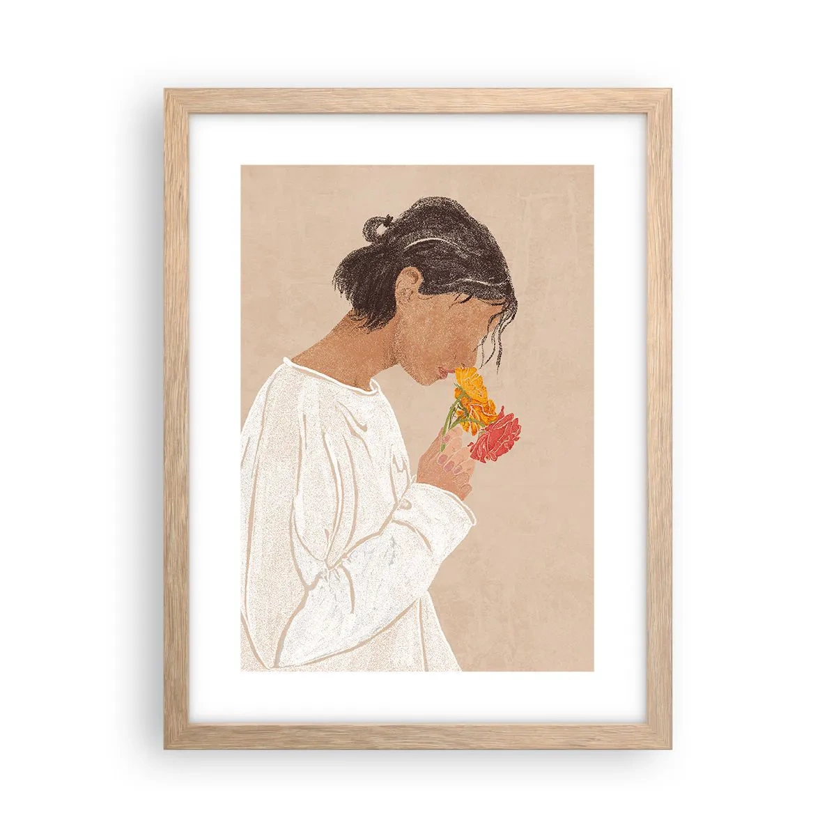Pôster com moldura de carvalho claro - Menina e flores - 30x40 cm