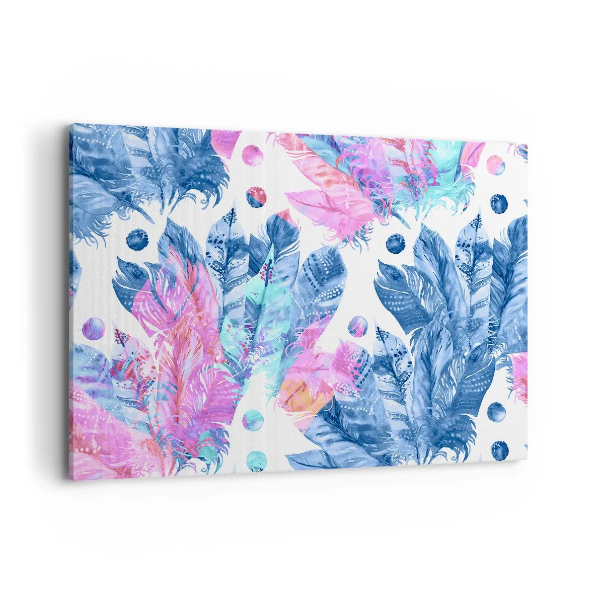 Quadro em tela - Plumas em rosa e azul - 100x70 cm