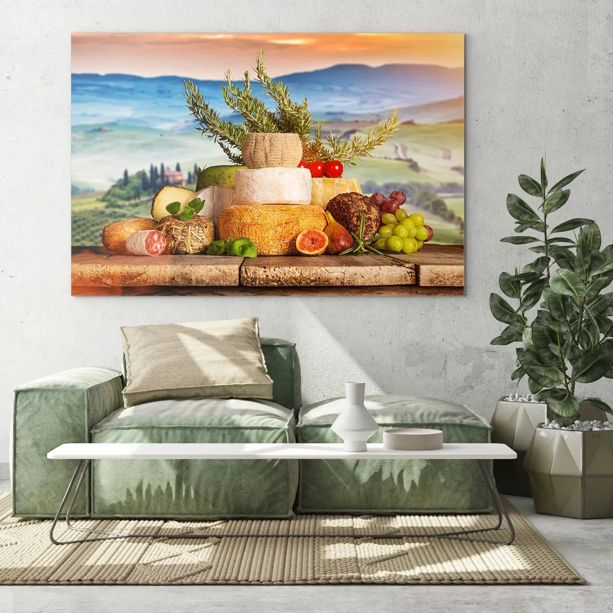 Quadro em vidro - Uma composição de queijos e frutas tendo como pano de fundo a paisagem toscana - 70x50cm - Alegria italiana - Decoração de parede moderna para a sala de estar e quarto ARTTOR