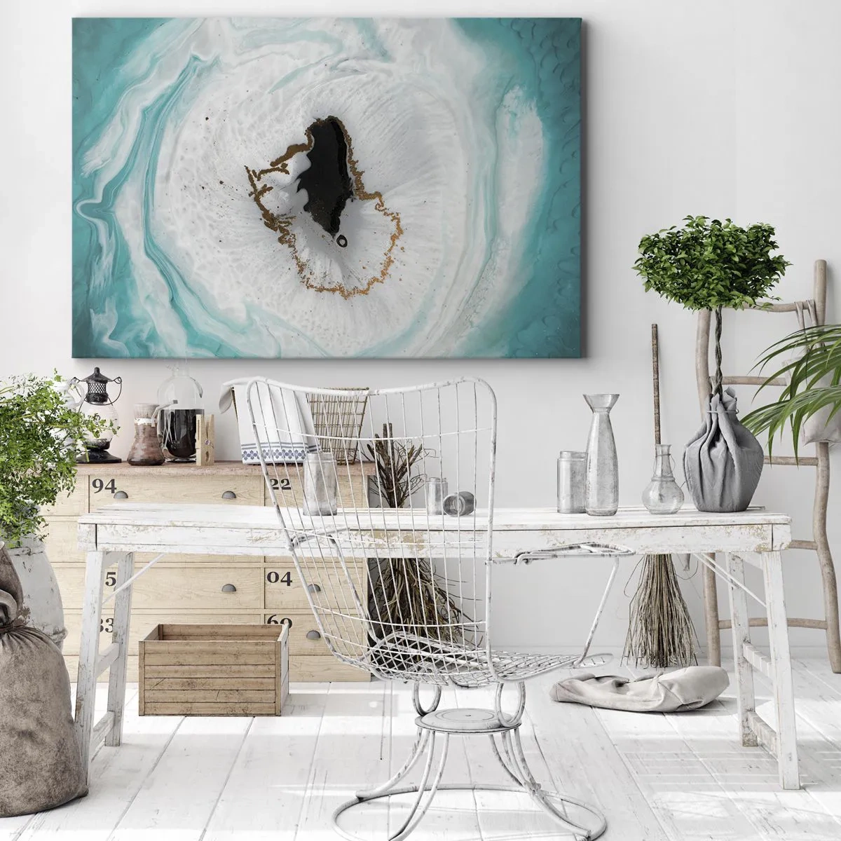Quadro em tela - Motivo de geodo abstrato em tons de turquesa, branco e dourado - 70x50cm - Penetrar no interior - Decoração de parede moderna para a sala de estar e quarto ARTTOR