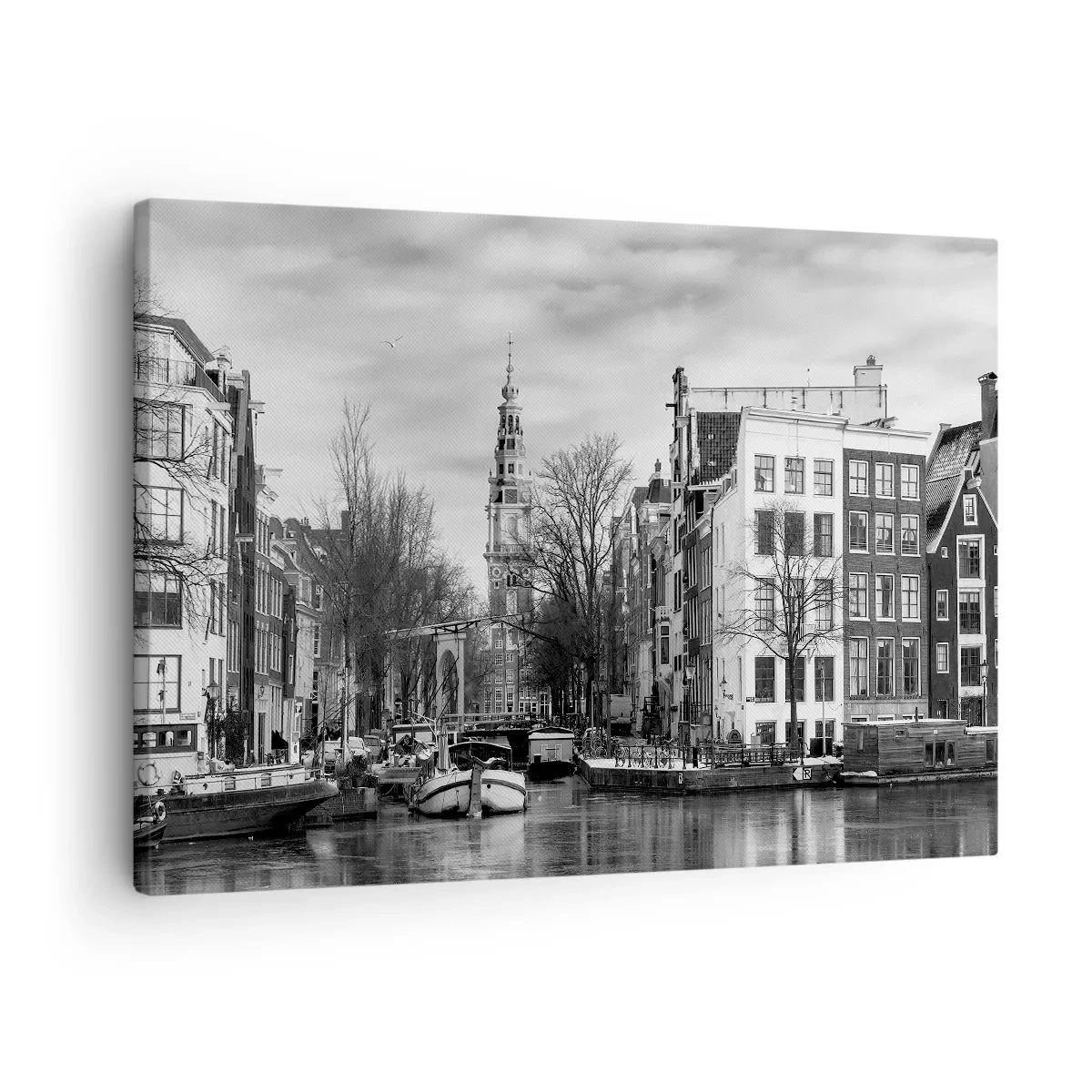 Quadro em tela - Panorama em preto e branco de Amsterdã com canal e edifícios históricos - 70x50cm - Vibrações de Amsterdã - Decoração de parede moderna para a sala de estar e quarto ARTTOR