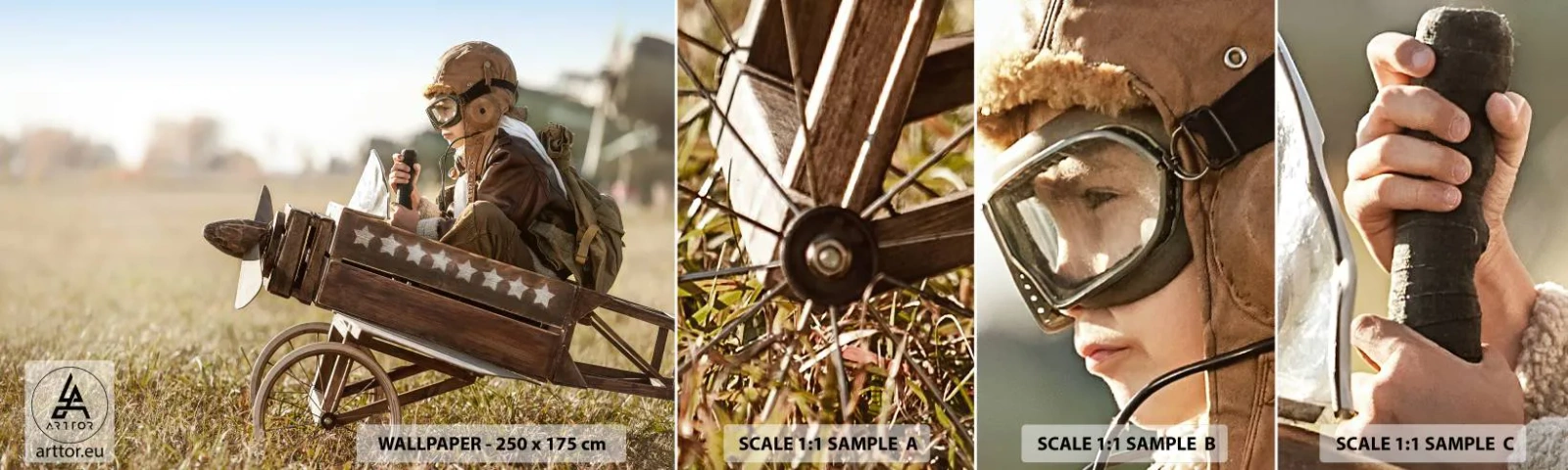 Amostra de Papel de Parede Standard Eco - O início rumo a um sonho - Garoto, Avião, Vintage - 100x30 cm