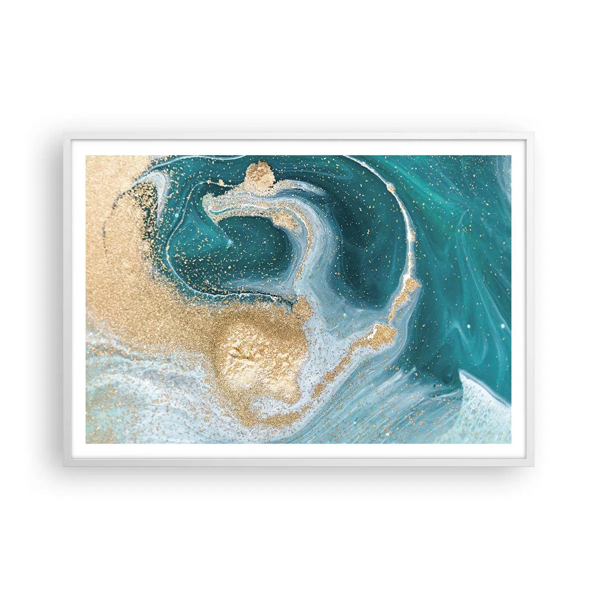 Pôster em moldura branca - Um vórtice de ouro e turquesa - 100x70 cm