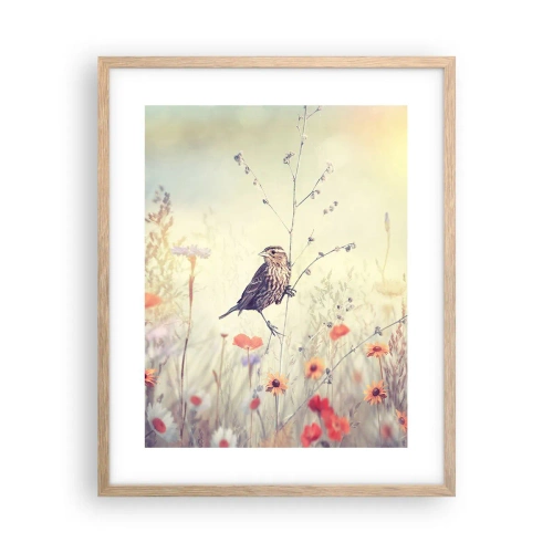 Pôster com moldura de carvalho claro - Retrato de um pássaro com um prado no fundo - 40x50 cm
