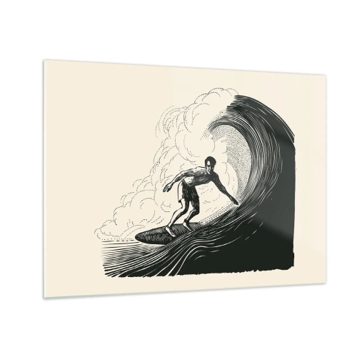Quadro em vidro - Surfista surfando uma onda alta em um estilo de desenho retrô - 70x50cm - Rei da onda - Decoração de parede moderna para a sala de estar e quarto ARTTOR