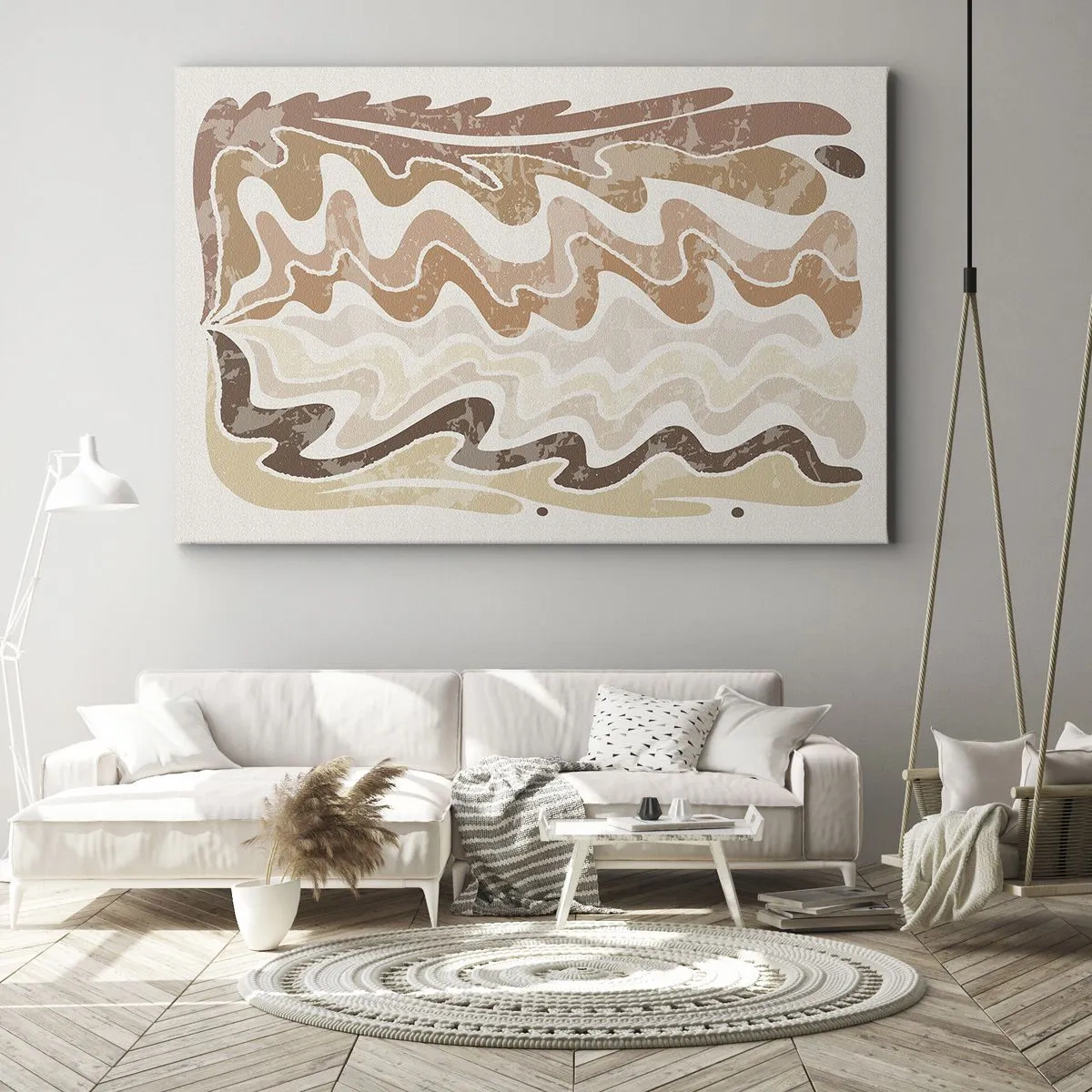 Quadro em tela - Linhas abstratas onduladas em tons de bege - 70x50cm - Boa energia – boas emoções - Decoração de parede moderna para a sala de estar e quarto ARTTOR