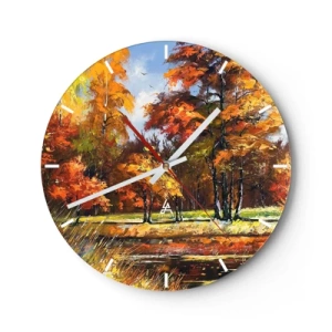 Relógio de parede - Relógio em vidro - Floresta de outono com folhas coloridas e luz quente em uma paisagem tranquila - 30x30cm - Paisagem em ouro e bronze - Decoração de parede moderna para a sala de estar, cozinha e quarto ARTTOR