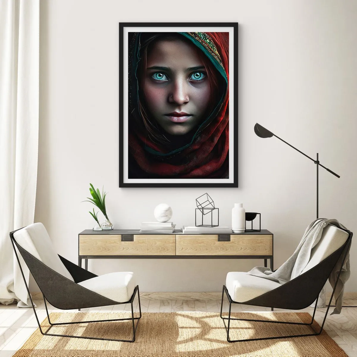 Pôster com moldura preta - Retrato de uma menina com um xale vermelho e olhos hipnotizantes - 50x70cm - Princesa oriental - Decoração de parede moderna para a sala de estar e quarto ARTTOR
