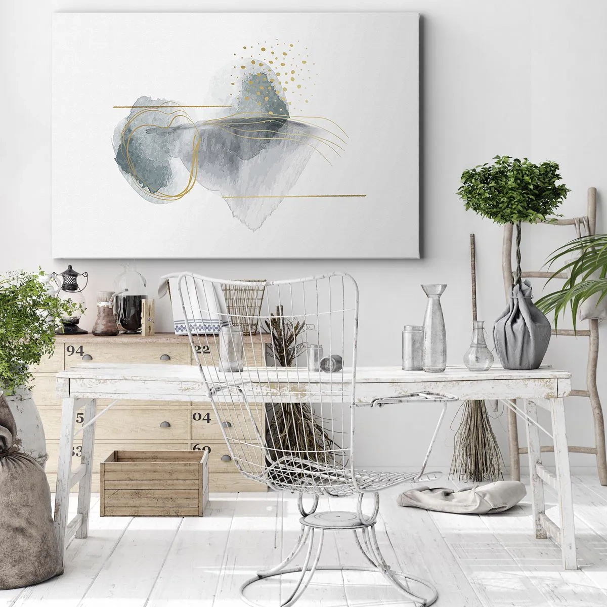 Quadro em tela - Uma composição abstrata em tons de turquesa e dourado. - 70x50cm - Sobre a relação entre o cinza e o dourado - Decoração de parede moderna para a sala de estar e quarto ARTTOR