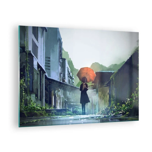 Quadro em vidro - Uma figura com um guarda-chuva laranja em uma rua chuvosa - 70x50cm - Chuva revigorante - Decoração de parede moderna para a sala de estar e quarto ARTTOR