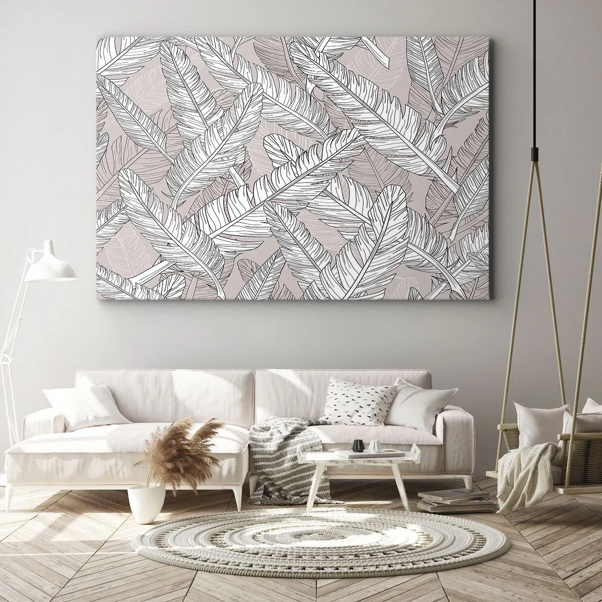 Quadro em tela - Padrão preto e branco com folhas de bananeira em um fundo claro - 70x50cm - Turbilhão de penas - Decoração de parede moderna para a sala de estar e quarto ARTTOR