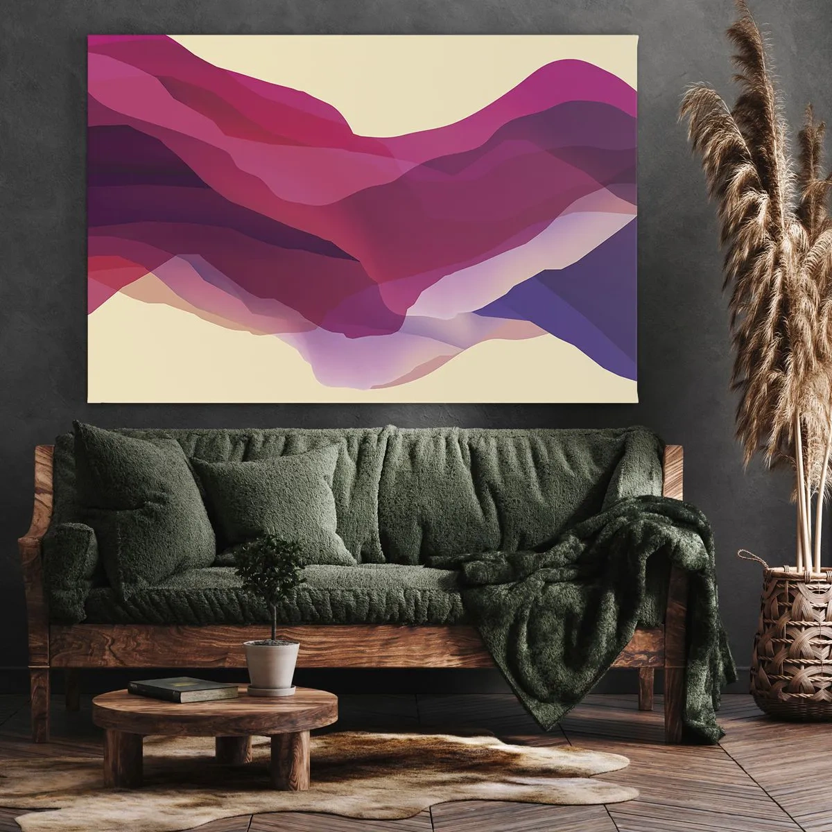Quadro em tela - Ondas abstratas em tons de roxo e rosa sobre um fundo claro - 70x50cm - Ondas de roxo - Decoração de parede moderna para a sala de estar e quarto ARTTOR