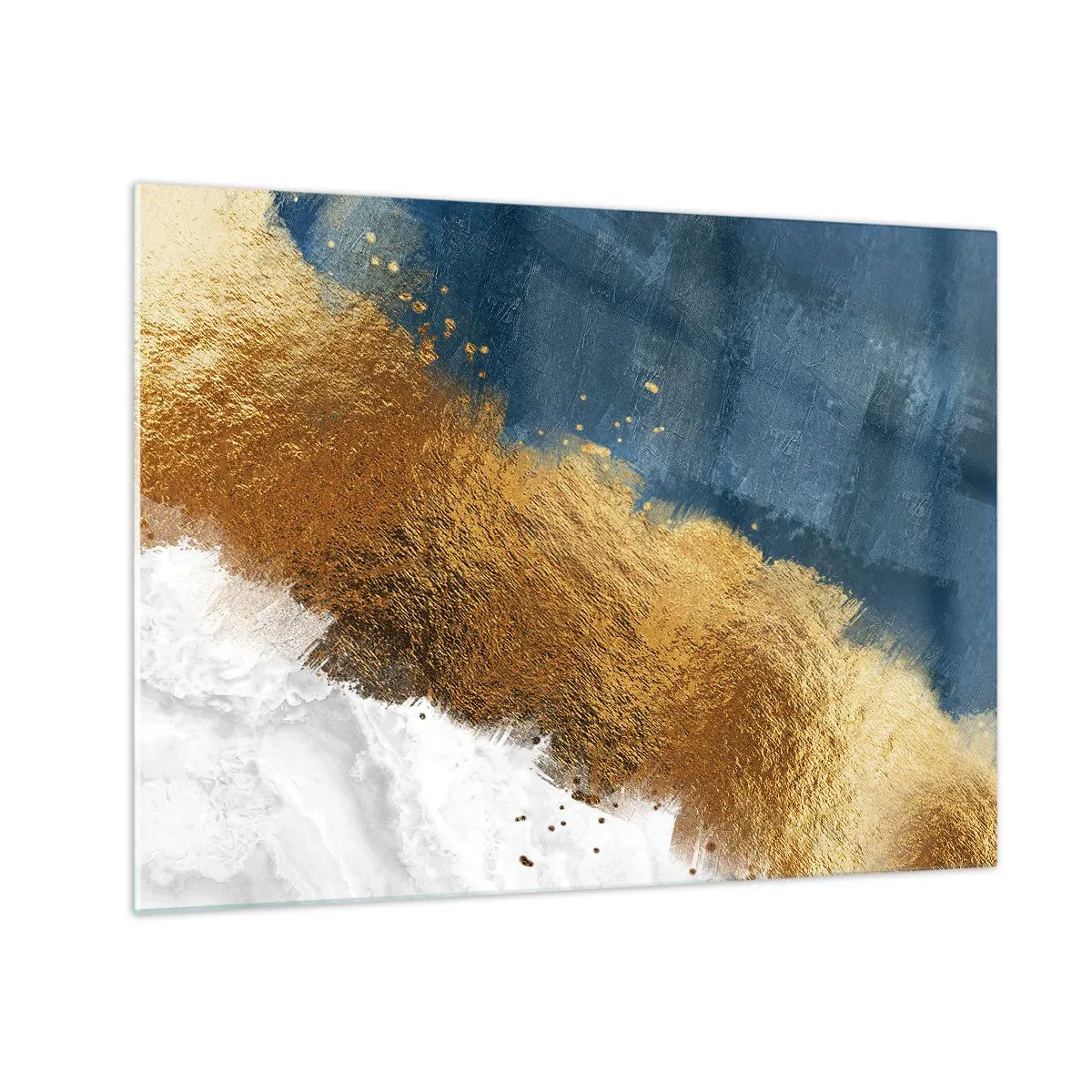 Quadro em vidro - Traços de tinta dourada sobre fundo azul marinho e branco - 70x50cm - As cores do verão - Decoração de parede moderna para a sala de estar e quarto ARTTOR