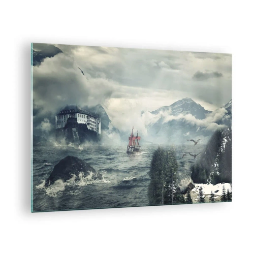 Quadro em vidro - Um navio em um mar tempestuoso com um castelo ao fundo - 70x50cm - Nas águas mágicas - Decoração de parede moderna para a sala de estar e quarto ARTTOR