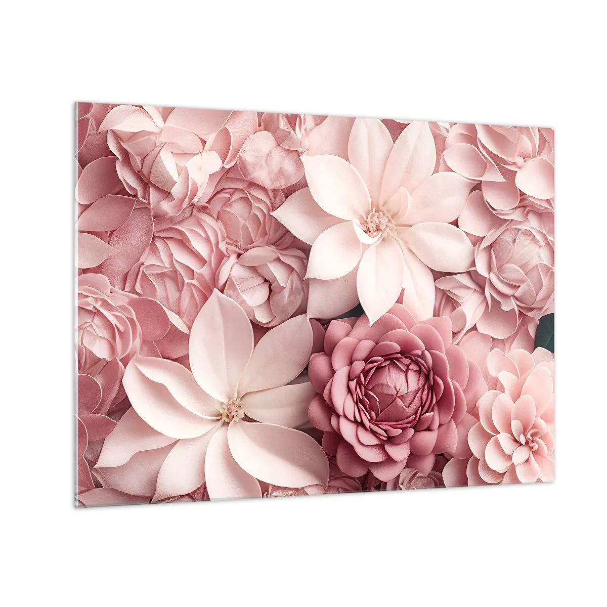 Quadro em vidro - Delicadas flores rosas em uma composição cheia de pétalas - 70x50cm - Em pétalas rosa - Decoração de parede moderna para a sala de estar e quarto ARTTOR