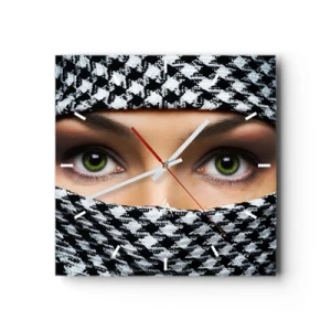 Relógio de parede - Relógio em vidro - Retrato de uma beleza velada de olhos verdes - 30x30 cm
