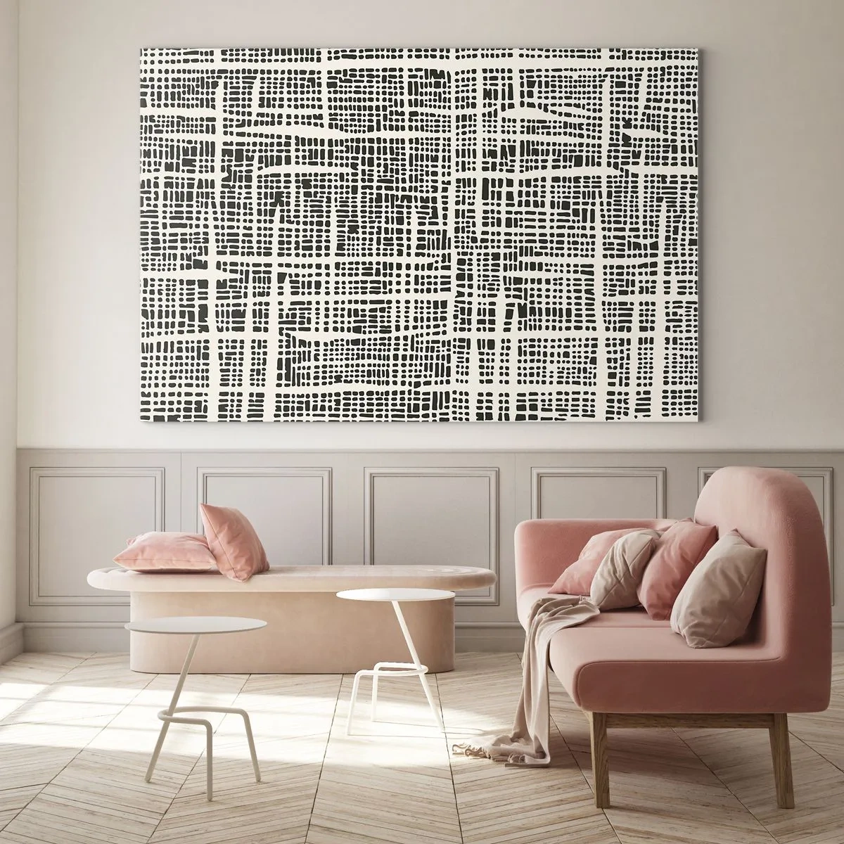Quadro em vidro - Uma abstração em preto e branco que lembra uma grade de pontos. - 70x50cm - Uma composição tecida - Decoração de parede moderna para a sala de estar e quarto ARTTOR