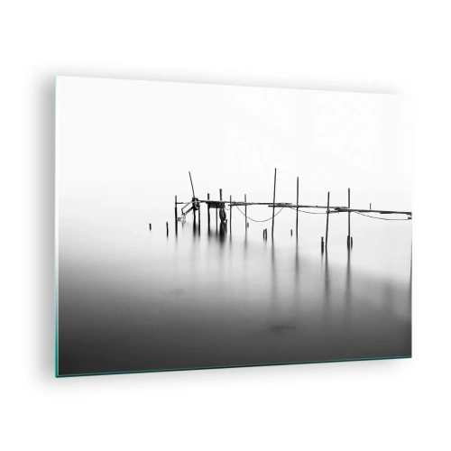 Quadro em vidro - Um cais preto e branco em uma superfície calma de água - 70x50cm - E se o mundo não existe? - Decoração de parede moderna para a sala de estar e quarto ARTTOR