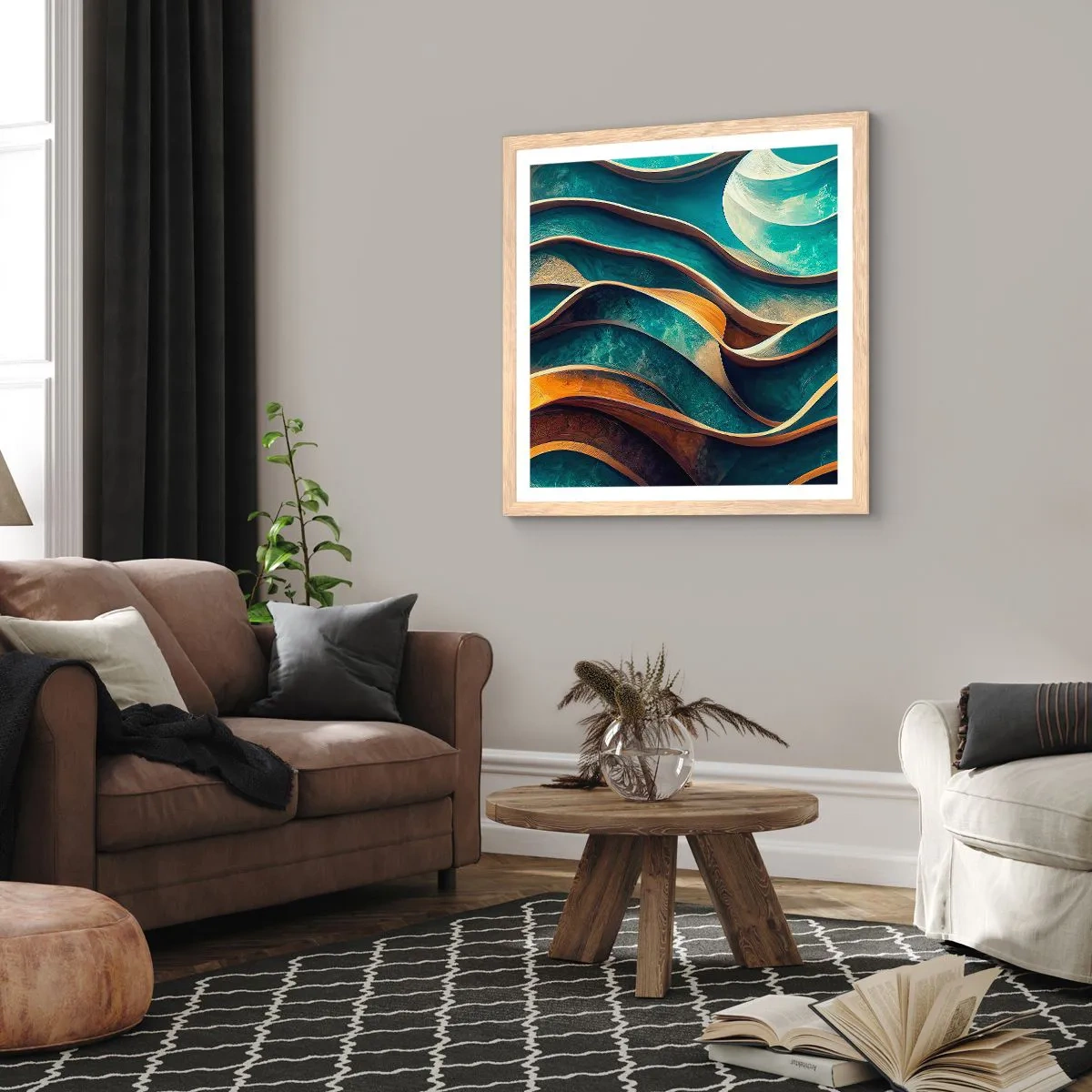 Pôster com moldura de carvalho claro - Meandros de azul - 60x60 cm