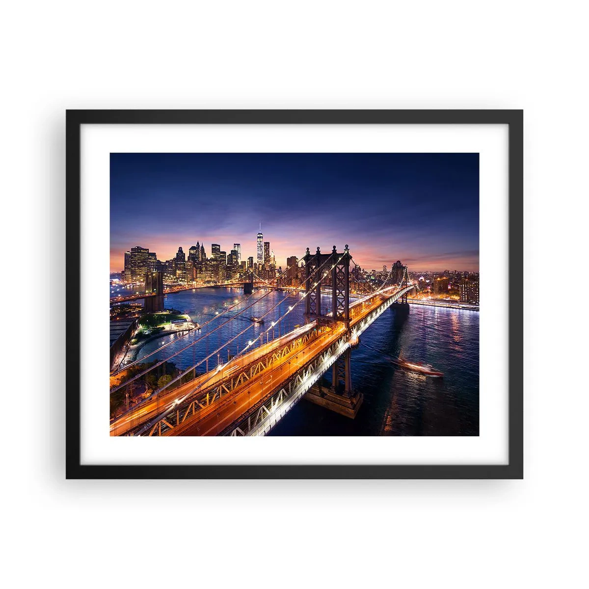 Pôster com moldura preta - Uma ponte luminosa para o coração da cidade - 50x40 cm