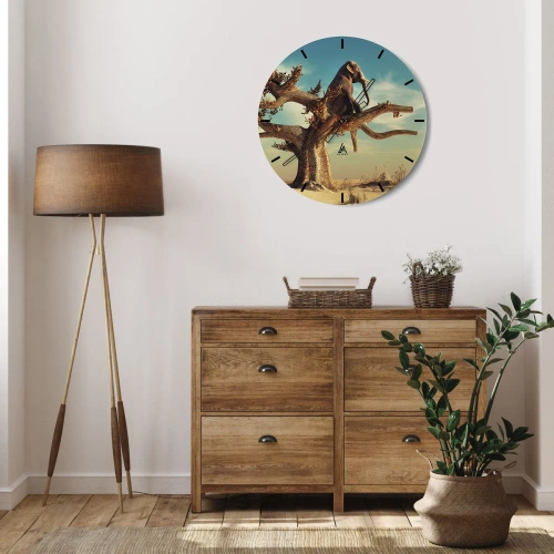 Relógio de parede - Relógio em vidro - Um elefante sentado em uma árvore em uma paisagem surreal - 30x30cm - Um novo ponto de vista - Decoração de parede moderna para a sala de estar, cozinha e quarto ARTTOR