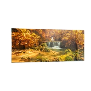 Quadro em vidro - Cascata na floresta em ouro - 100x40 cm